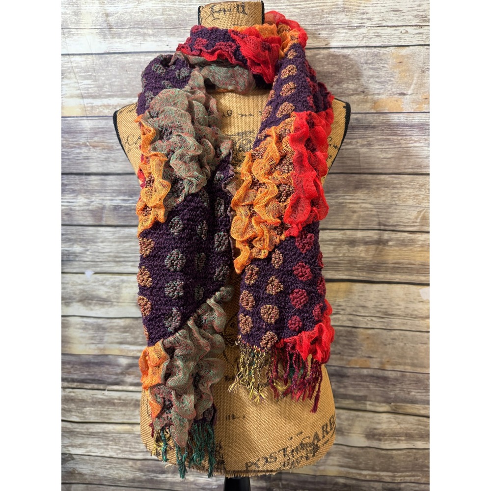 Multicolor Ruffled Mesh Polka Dot Knit Scarf Purple Orange Red Fringe Viscose
